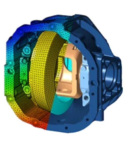 Coupe 3D d'un carter de différentiel ou pont mécanique affichant une analyse de conduction thermique.