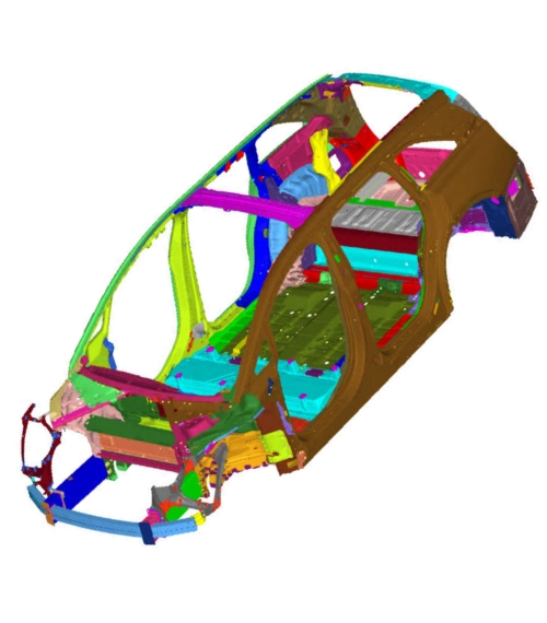 Maillage CAO multicolore représentant l'analyse structurelle complète (BIW) d'une carrosserie de voiture.