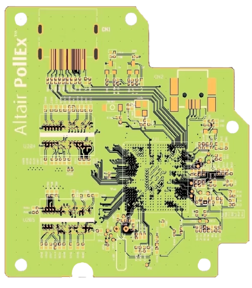 Vue de dessus du routage des pistes en cuivre et de l'implantation des composants sur un circuit imprimé (PCB) Altair PollEx.