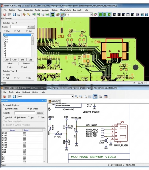 Interface Altair PollEx illustrant le cross-probing entre le schéma électronique PollEx-Logic et le routage de carte PollEx-PCB