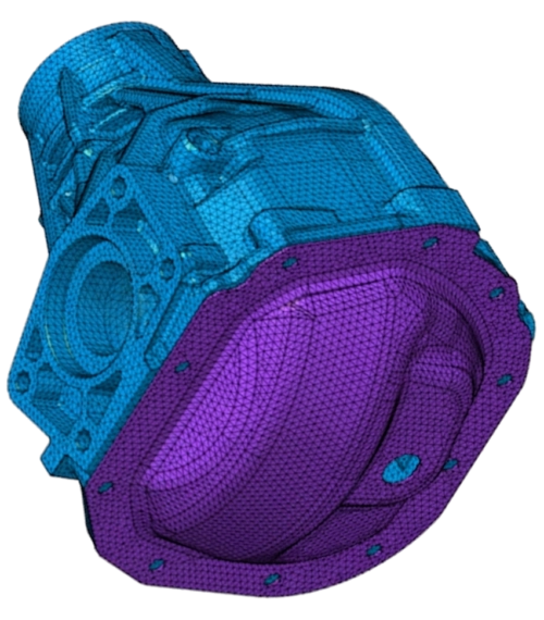 Maillage 3D d'un carter de différentiel automobile réalisé sur le logiciel Altair SimLab, avec distinction de couleur bleu et violette pour les composants mécaniques. Version vertical