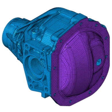 Maillage 3D d'un carter de différentiel automobile réalisé sur le logiciel Altair SimLab, avec distinction de couleur bleu et violette pour les composants mécaniques.