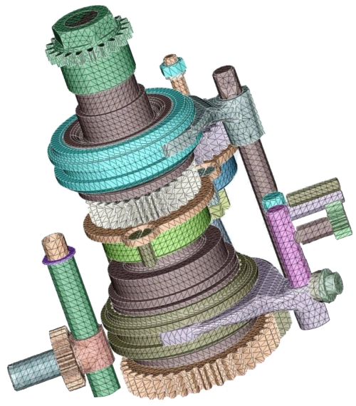 Maillage CAO multicolore d'un mécanisme d'arbre de transmission et d'engrenages généré dans Altair SimLab pour l'optimisation structurelle.