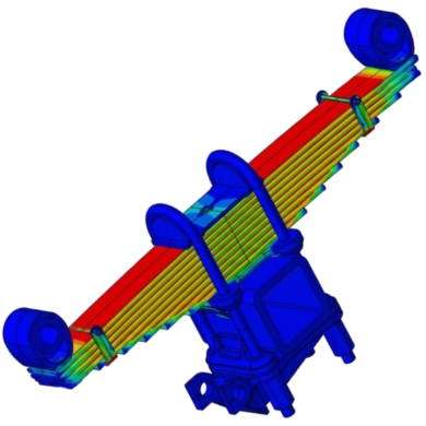 Simulation numérique par éléments finis d'un ressort à lames de suspension automobile sous SimLab, affichant les contraintes mécaniques en post-traitement couleur.