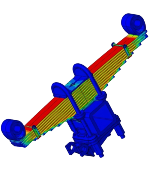 Simulation numérique par éléments finis d'un ressort à lames de suspension automobile sous SimLab, affichant les contraintes mécaniques en post-traitement couleur.