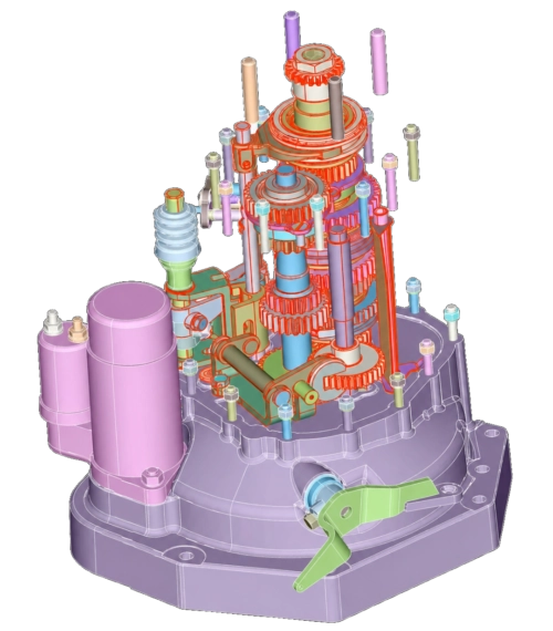 Modèle CAO 3D d'un assemblage mécanique complexe avec engrenages et pièces multicolores sur SimLab