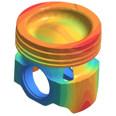 Simulation par éléments finis montrant l'analyse thermique d'un piston de moteur avec un dégradé de couleurs représentant la température.