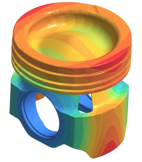 Simulation par éléments finis montrant l'analyse thermique d'un piston de moteur avec un dégradé de couleurs représentant la température.