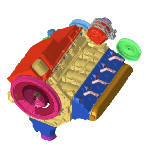 Modèle CAO 3D d'un bloc moteur thermique multicolore complexe destiné à la simulation numérique et au préprocessing.