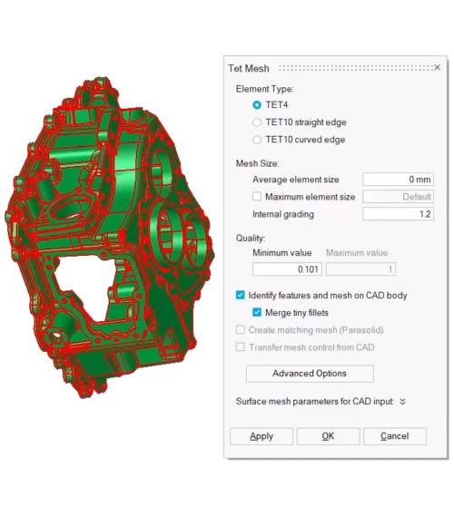 Paramétrage de maillage tétraédrique et de préprocessing sur une pièce mécanique complexe dans un logiciel de simulation Siemens Simcenter.