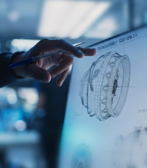 Ingénieur Simaltix pointant un plan d'assemblage de moteur sur écran tactile.