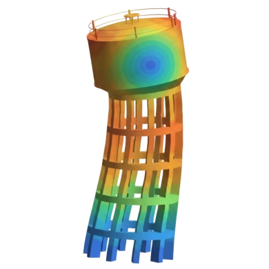 Analyse de déformation par éléments finis sur une tour de soutènement orange dans Simcenter SimSolid.