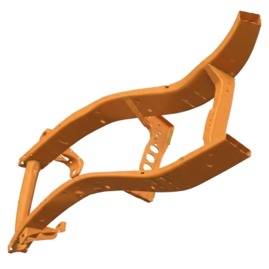 Simulation de déformation verticale sur une structure de châssis industriel orange dans Simcenter SimSolid.