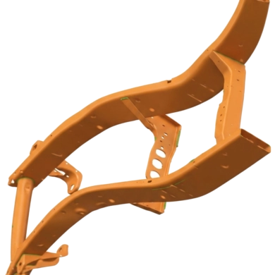 Simulation de déformation verticale sur une structure de châssis industriel orange dans Simcenter SimSolid.