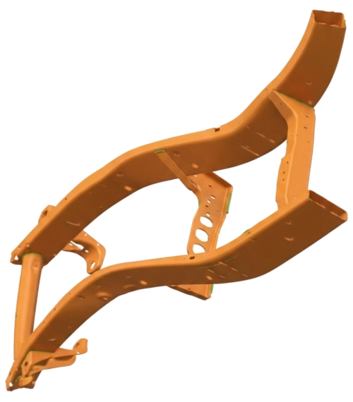 Simulation de déformation verticale sur une structure de châssis industriel orange dans Simcenter SimSolid.