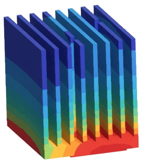 Résultat d'une analyse thermique statique sur un dissipateur thermique à ailettes modélisé sous Simsolid.