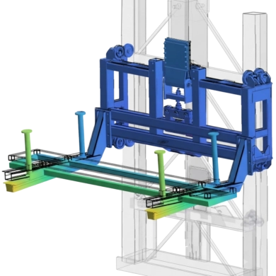Rendu 3D isométrique d'une structure de machine automatisée complexe avec un chariot élévateur bleu et vert, des supports verticaux et des vérins.