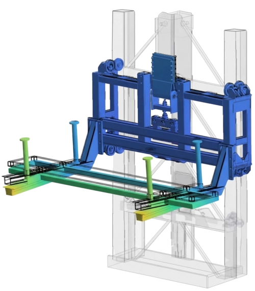 Rendu 3D isométrique d'une structure de machine automatisée complexe avec un chariot élévateur bleu et vert, des supports verticaux et des vérins.