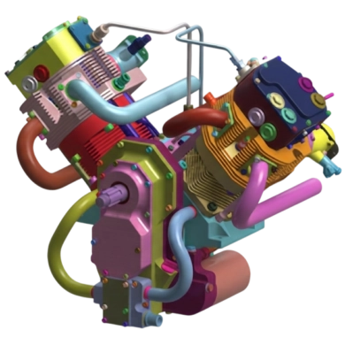 Modèle 3D CAO aux multiples couleurs d'un moteur thermique complexe isolé sur fond noir.