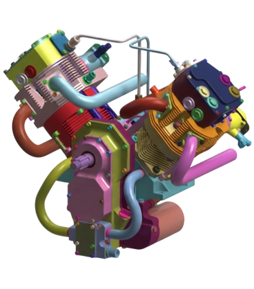 Modèle 3D CAO aux multiples couleurs d'un moteur thermique complexe isolé sur fond noir.