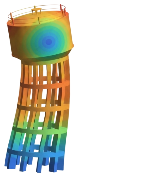 Analyse de déformation par éléments finis sur une tour de soutènement orange dans Simcenter SimSolid.
