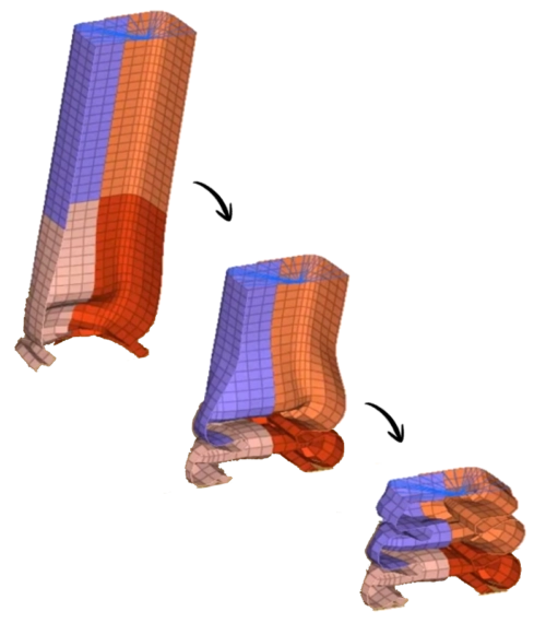 Simulation numérique par éléments finis sous OpenRadioss montrant le flambage et le pliage progressif d'un tube métallique lors d'un test d'impact axial.