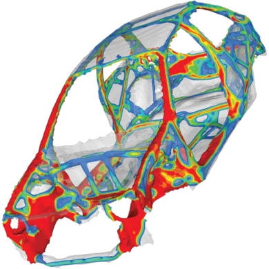 Modélisation 3D d'une analyse structurelle par éléments finis montrant la répartition des contraintes (zones rouges et bleues) sur un châssis ou une structure complexe.