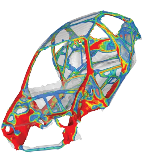 Modélisation 3D d'une analyse structurelle par éléments finis montrant la répartition des contraintes (zones rouges et bleues) sur un châssis ou une structure complexe.