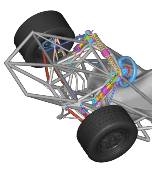 Modélisation 3D dynamique d'un châssis tubulaire de voiture de course avec système de suspension et direction.