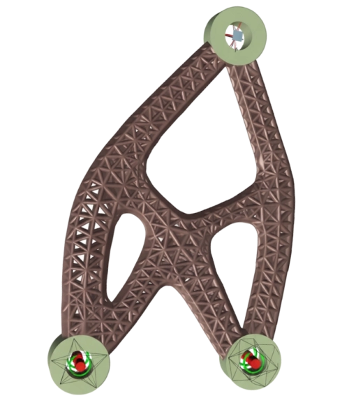 Modèle 3D de pièce mécanique optimisée par topologie avec une structure interne en treillis alvéolaire.