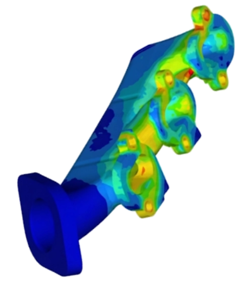 Simulation thermique par éléments finis d'un collecteur d'échappement montrant la répartition des températures avec une palette de couleurs (du bleu au rouge).