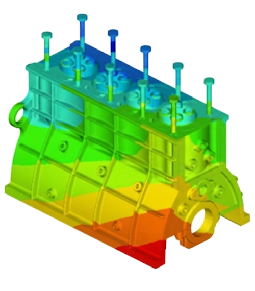 Modèle CAO 3D d'un bloc moteur avec une carte thermique de simulation par éléments finis montrant les déplacements et contraintes.
