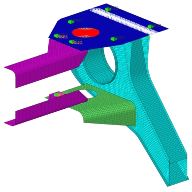 Assemblage mécanique maillé avec des éléments de connexion RBE2 et une zone de contact dans HyperMesh.