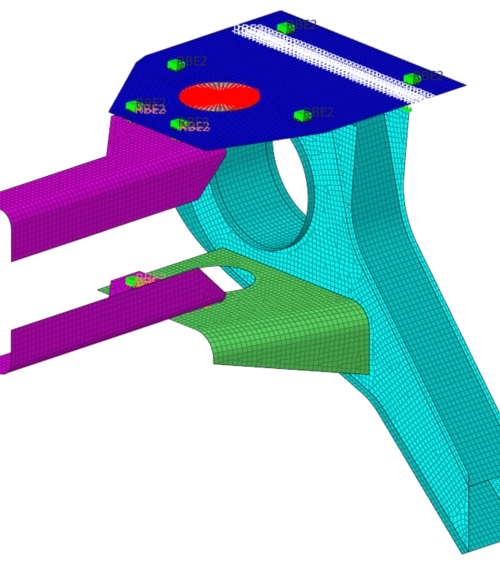 Assemblage mécanique maillé avec des éléments de connexion RBE2 et une zone de contact dans HyperMesh.