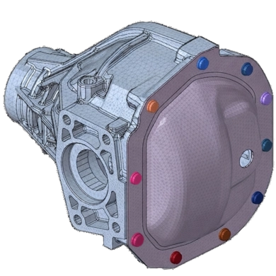 Maillage éléments finis (FEA) d'un carter de différentiel automobile dans HyperMesh.