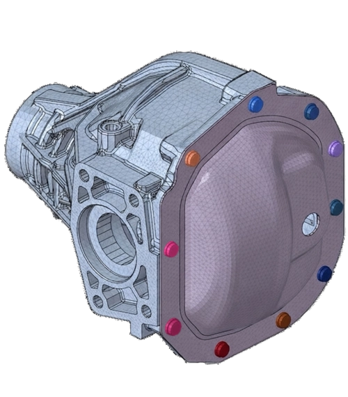 Maillage éléments finis (FEA) d'un carter de différentiel automobile dans HyperMesh.