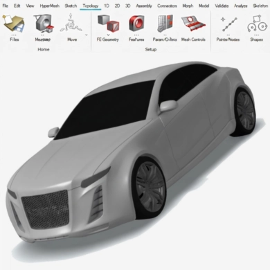 Interface du logiciel Altair HyperMesh affichant la modélisation 3D d'une voiture pour le maillage.