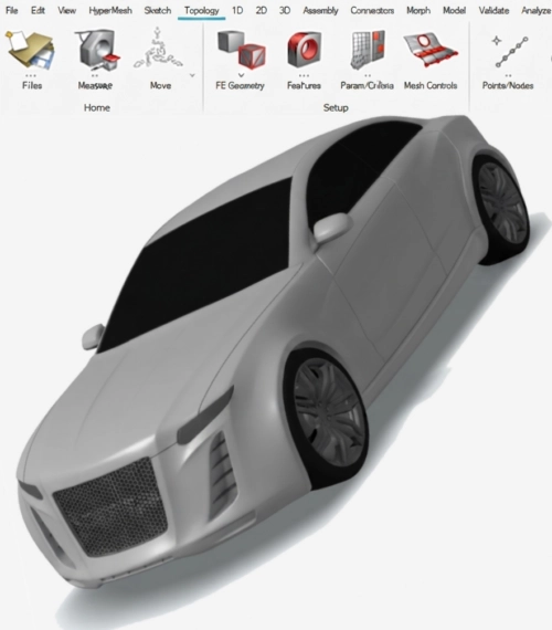 Interface du logiciel Altair HyperMesh affichant la modélisation 3D d'une voiture pour le maillage.