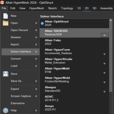 Menu de sélection de l'interface du solveur dans HyperMesh 2026.