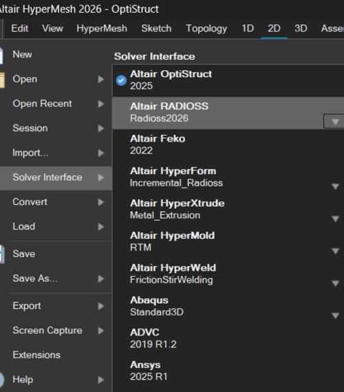Menu de sélection de l'interface du solveur dans HyperMesh 2026.