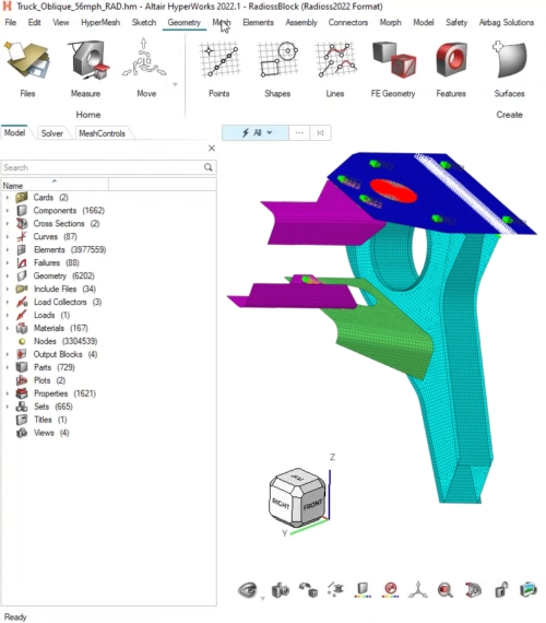 Capture d'écran du logiciel Altair HyperWorks 2022.1 affichant le modèle de simulation par éléments finis (FEA) d'une structure automobile (partie du châssis) dans le module Radioss. On distingue les différents composants maillés en cyan, magenta et bleu.