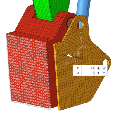 Application de conditions aux limites de déplacement et de chargement sur un assemblage mécanique maillé dans HyperMesh.