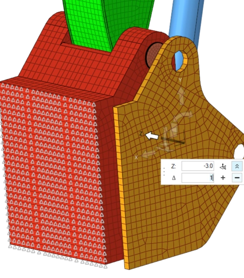 Application de conditions aux limites de déplacement et de chargement sur un assemblage mécanique maillé dans HyperMesh.