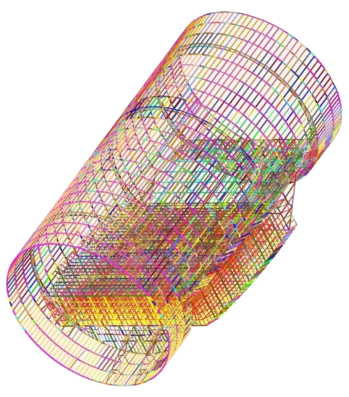 Maillage par éléments finis d'une structure tubulaire complexe sous Simcenter HyperView.