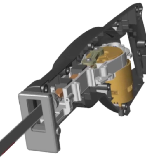 Vue en coupe 3D d'une scie sauteuse électrique portative montrant son mécanisme interne, son moteur et sa lame.