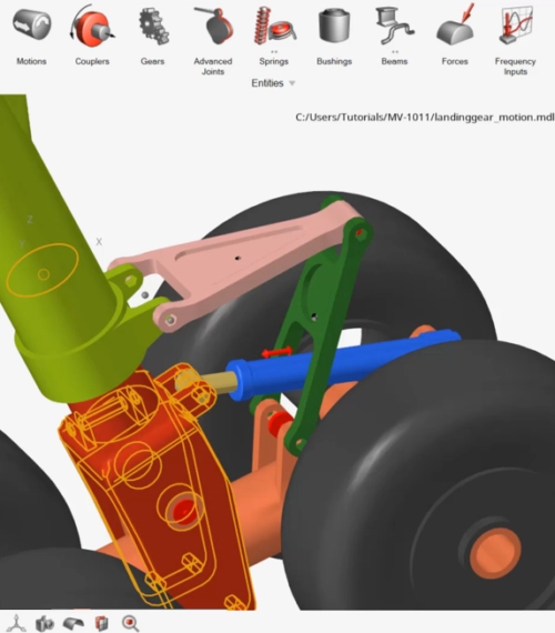 Interface de simulation multi-corps sous MotionSolve avec le modèle d'un train d'atterrissage.