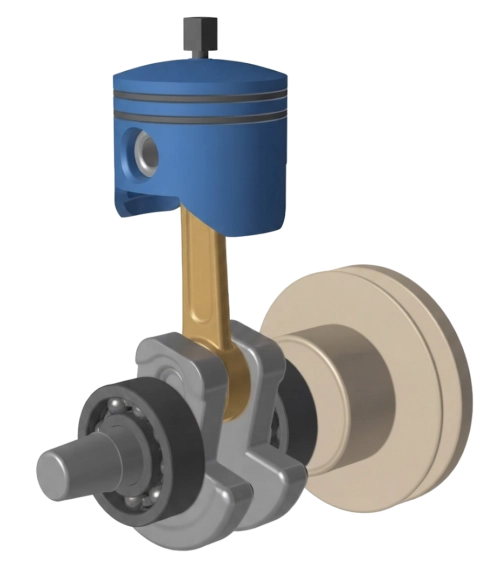 Modèle 3D d'un système bielle-manivelle et piston simulé sous MotionSolve.