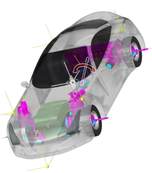 Modèle numérique transparent d'une voiture en 3D affichant ses composants internes, suspensions, moteur et systèmes de direction en couleur.