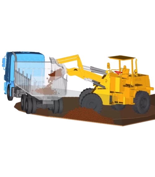 Simulation numérique du chargement de terre par un chargeur sur pneus dans la benne d'un camion à l'aide de la méthode DЕМ.