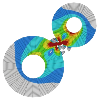 Simulation par éléments finis sous OptiStruct de contacts complexes entre deux roues dentées avec cartographie des contraintes.